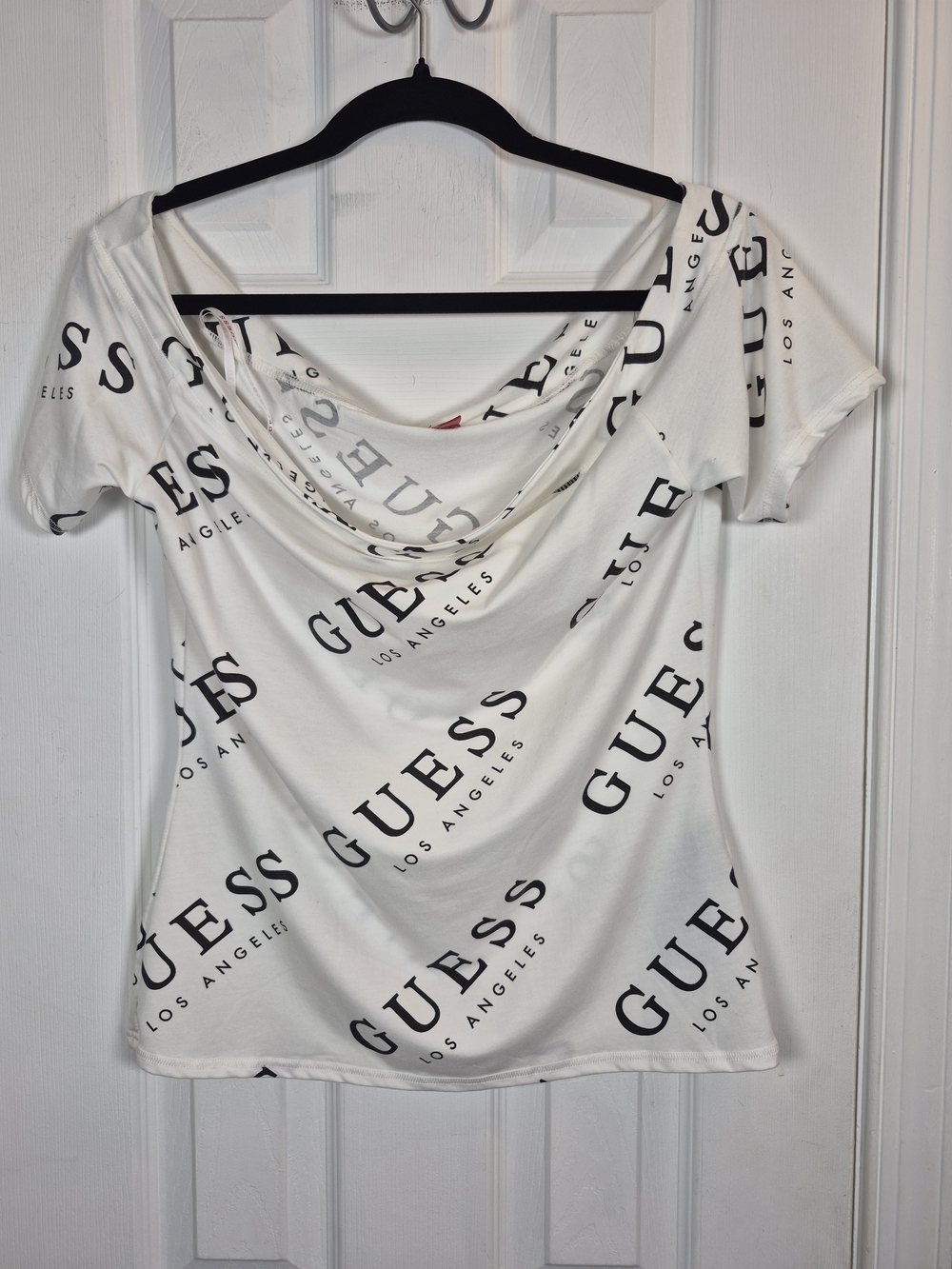 GUESS Y2K Logomania Off The Shoulder Cowl Neck Top XL White Black Graphic Tee
